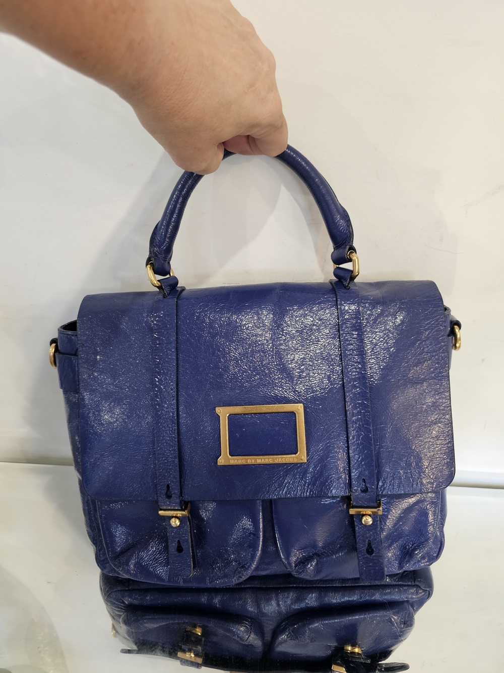 Marc By Marc Jacobs Werdi Patent Deep Blue Leather Top-Handle Satchel